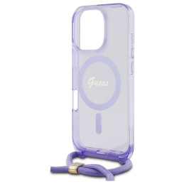 Guess Crossbody Cord Script MagSafe dėklas, skirtas iPhone 16 Pro - violetinė