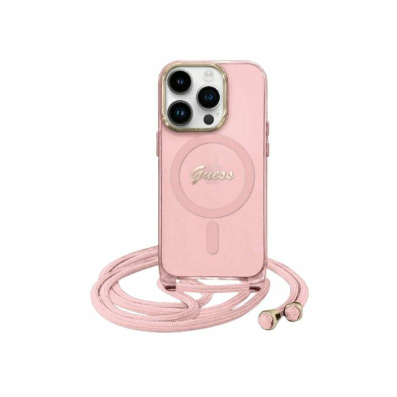 Guess Crossbody Cord Script MagSafe dėklas iPhone 16 - rožinis