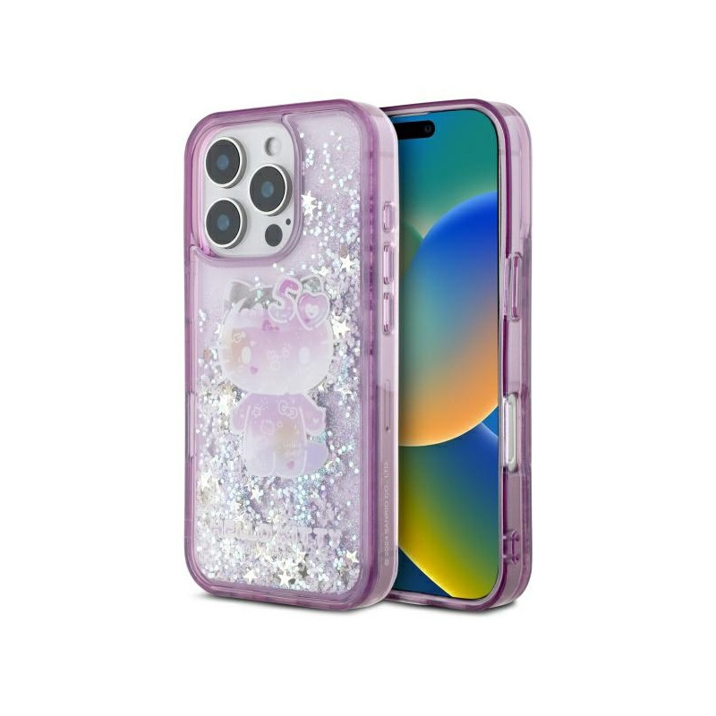 Hello Kitty Liquid Glitter 50th Anniversary Party dėklas, skirtas iPhone 16 Pro – violetinė