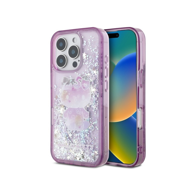 Hello Kitty Liquid Glitter 50th Anniversary Party dėklas, skirtas iPhone 16 Pro Max – violetinė