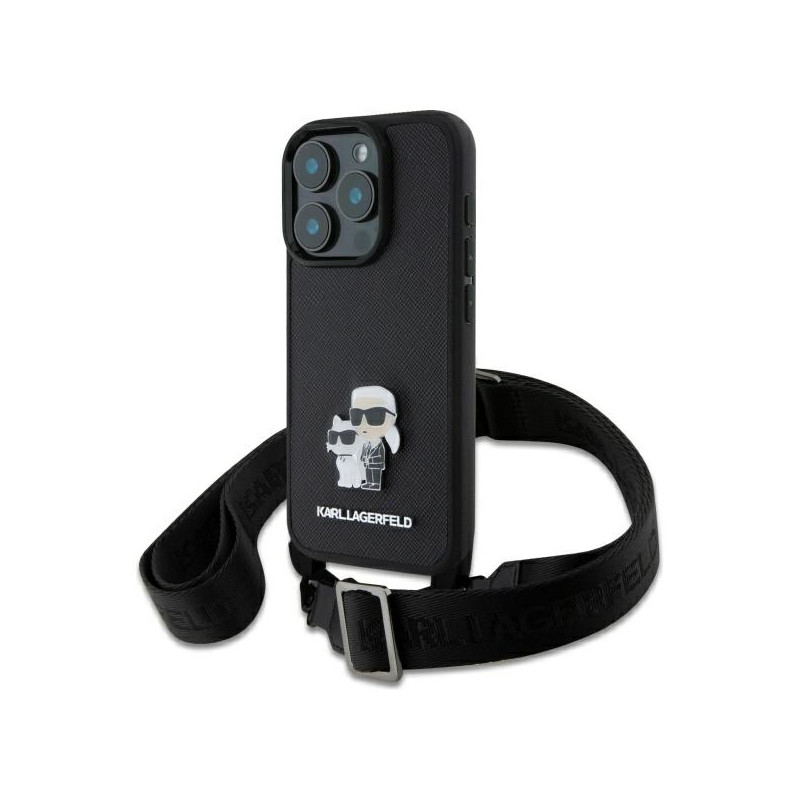 Karl Lagerfeld Saffiano Karl&Choupette Metal Pin CBDY Strap dėklas iPhone 16 Pro - juodas