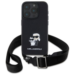 Karl Lagerfeld Saffiano Karl&Choupette Metal Pin CBDY Strap dėklas iPhone 16 Pro - juodas