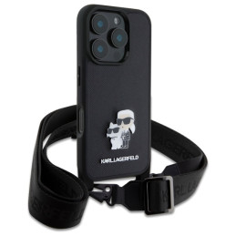 Karl Lagerfeld Saffiano Karl&Choupette Metal Pin CBDY Strap dėklas iPhone 16 Pro - juodas