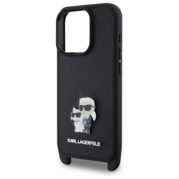 Karl Lagerfeld Saffiano Karl&Choupette Metal Pin CBDY Strap dėklas iPhone 16 Pro - juodas