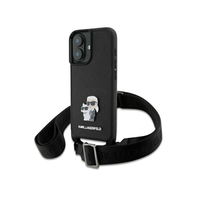 Karl Lagerfeld Saffiano Karl&Choupette Metal Pin CBDY Strap dėklas iPhone 16 - juodas