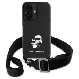 Karl Lagerfeld Saffiano Karl&Choupette Metal Pin CBDY Strap dėklas iPhone 16 - juodas