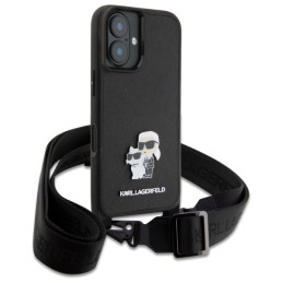 Karl Lagerfeld Saffiano Karl&Choupette Metal Pin CBDY Strap dėklas iPhone 16 - juodas