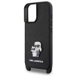 Karl Lagerfeld Saffiano Karl&Choupette Metal Pin CBDY Strap dėklas iPhone 16 - juodas