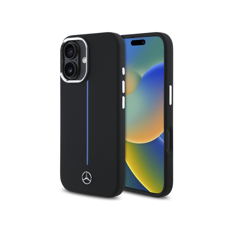 Mercedes Silicone Blue Stripe MagSafe dėklas iPhone 16 - juodas