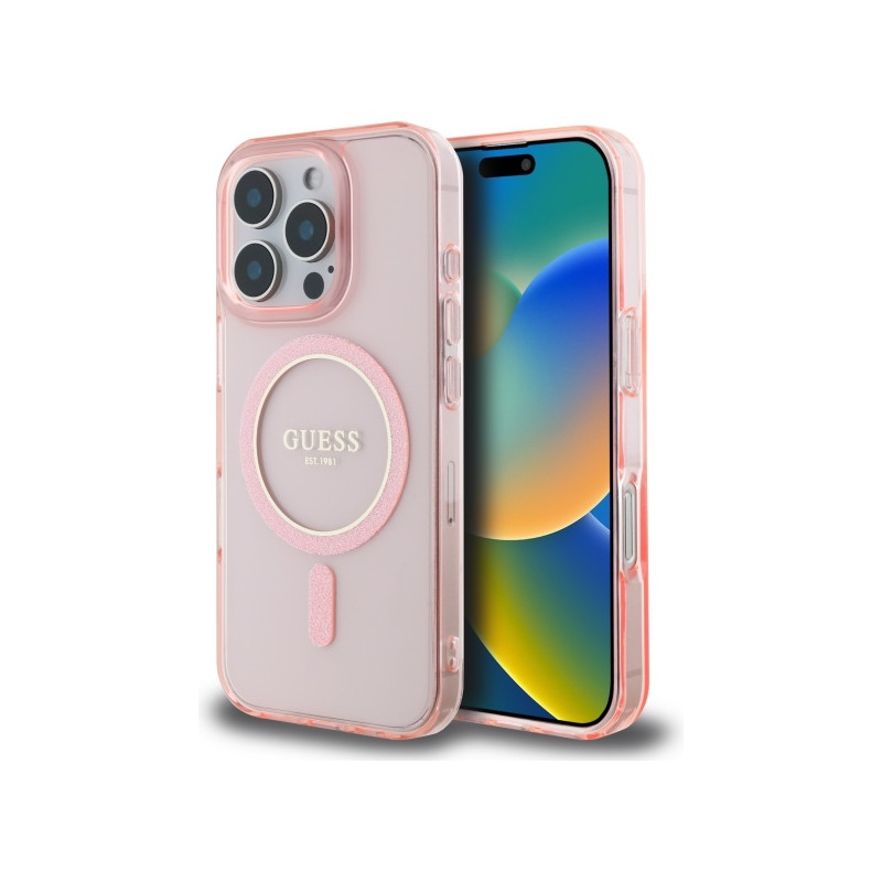 Guess GUHMP16LHFGEREP iPhone 16 Pro 6,3" rožinis/ rožinis kietas dėklas IML Glitter Circle MagSafe
