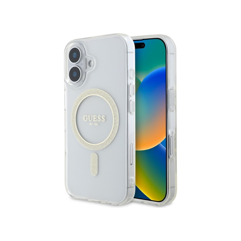 Guess GUHMP16MHFGERET iPhone 16 Plus 6,7" permatomas kietas dėklas IML Glitter Circle MagSafe