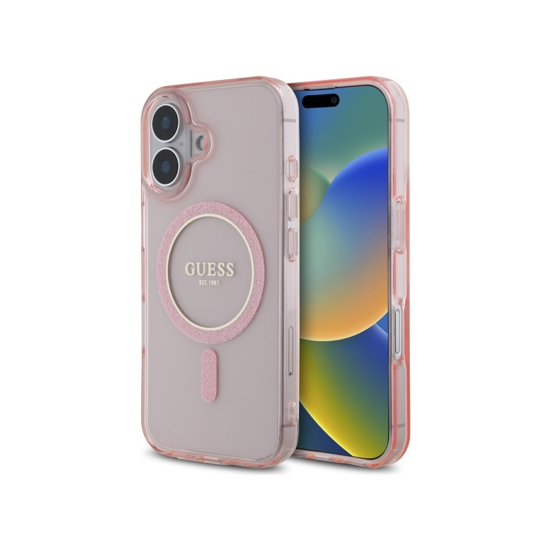 Guess GUHMP16SHFGEREP iPhone 16 6,1" rožinis/ rožinis kietas dėklas IML Glitter Circle MagSafe