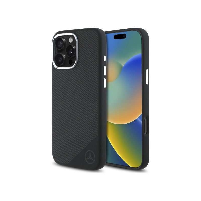 Mercedes MEHMP16L23SUGDK iPhone 16 Pro 6,3" juodas/ juodas kietas silikoninis toninis logotipas Medienos raštas MagSafe
