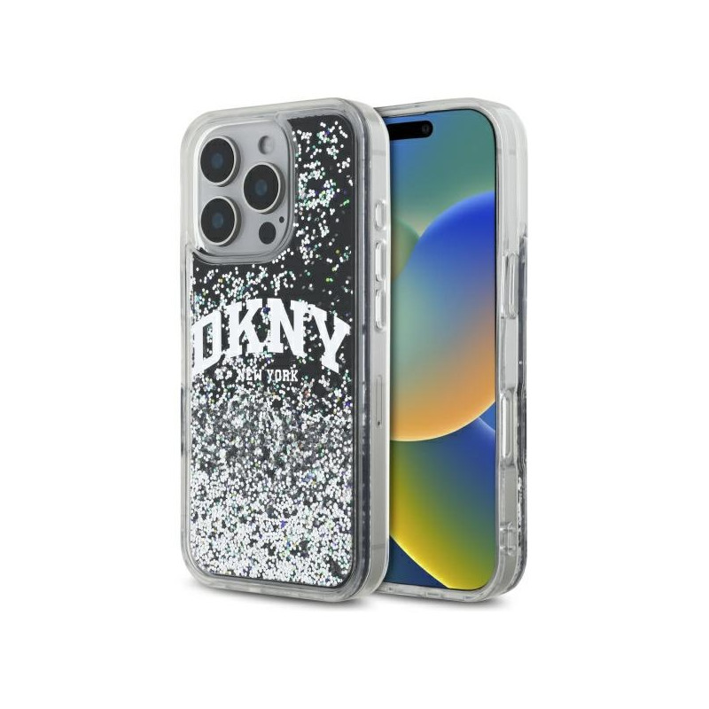 DKNY DKHCP16XLBNAEK iPhone 16 Pro Max 6,9" juodas/ juodas kietas dėklas Liquid Glitter Arch logotipas
