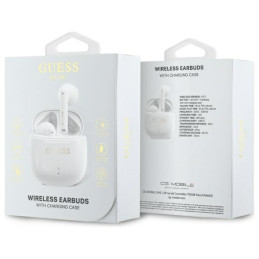 Guess Bluetooth ausinės GUTWSJ14ESGH TWS + prijungimo stotelė balta/ balta Spausdintas klasikinis logotipas