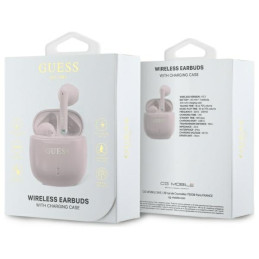 Guess GUTWSJ14ESGP TWS „Bluetooth“ ausinės + prijungimo stotelė rožinės/ rožinės spalvos spausdintas klasikinis logotipa...