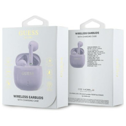 Guess Bluetooth ausinės GUTWSJ14ESGU TWS + prijungimo stotelė violetinė/ violetinė spausdintas klasikinis logotipas