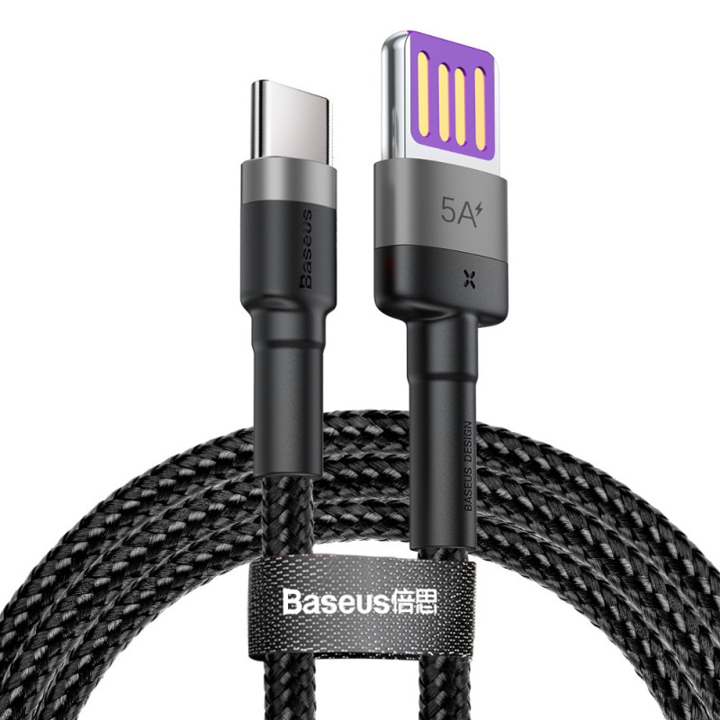 Baseus Cafule laidas USB C tipo „SuperCharge“ 40 W greito įkrovimo 3.0 QC 3.0 1 m pilkas-juodas (CATKLF-PG1)