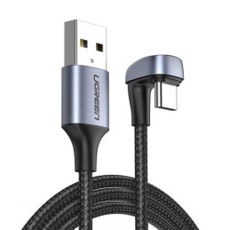 Ugreen nailono kampinis kabelis USB - USB C tipo 2m 3A 18W greito įkrovimo AFC FCP žaidėjams, pilkas (70315)