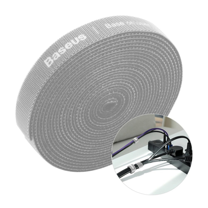 „Baseus Rainbow Circle“ lipnios juostelės su kabliukais ir kilpelėmis - „Velcro“ juostos laidų organizatorius, 3 m, pilk...