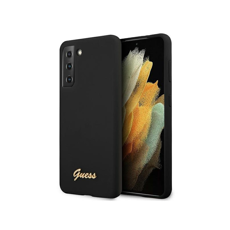 „Guess GUHCS21MLSLMGBK S21+ G996“ juodas/ juodas kietas dėklas su silikoniniu užrašu ir metaliniu logotipu