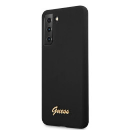 „Guess GUHCS21MLSLMGBK S21+ G996“ juodas/ juodas kietas dėklas su silikoniniu užrašu ir metaliniu logotipu