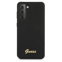 „Guess GUHCS21MLSLMGBK S21+ G996“ juodas/ juodas kietas dėklas su silikoniniu užrašu ir metaliniu logotipu