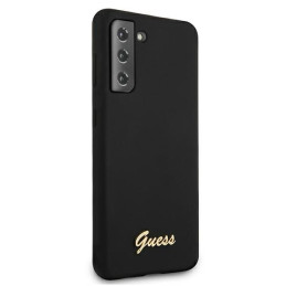 „Guess GUHCS21MLSLMGBK S21+ G996“ juodas/ juodas kietas dėklas su silikoniniu užrašu ir metaliniu logotipu