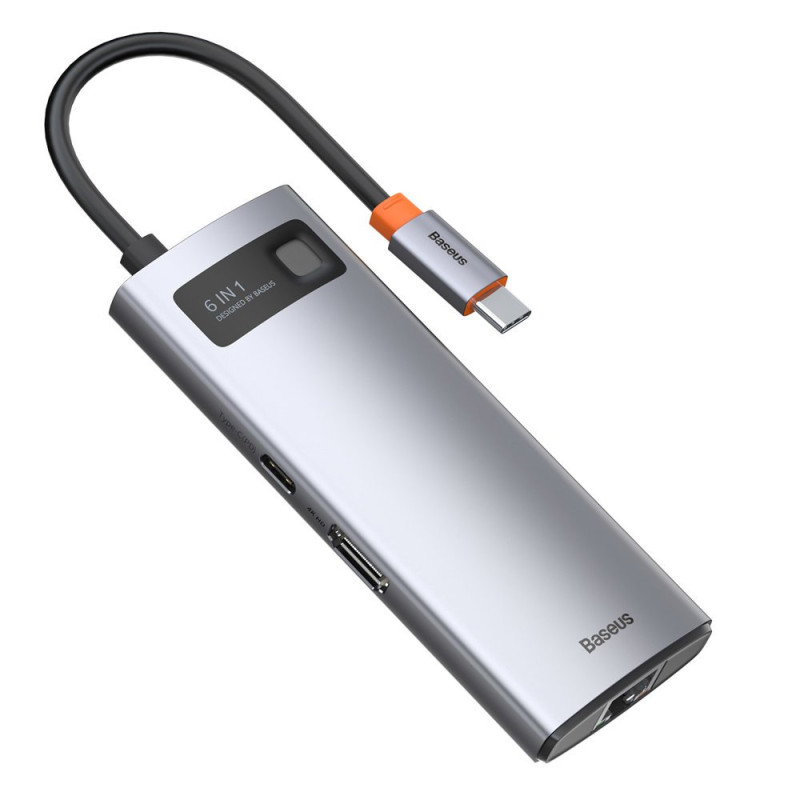ŠAKOTĖLIS „Baseus Metal Gleam 6in1 USB-C“ - USB-C PD 100W 1x HDMI 4K 30Hz 3x USB-A 3.2 1x RJ45 - pilkas