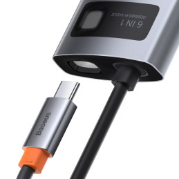 ŠAKOTĖLIS „Baseus Metal Gleam 6in1 USB-C“ - USB-C PD 100W 1x HDMI 4K 30Hz 3x USB-A 3.2 1x RJ45 - pilkas