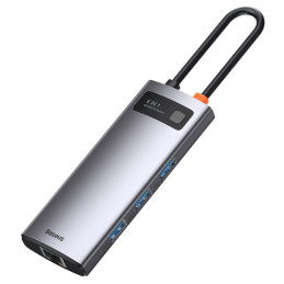 ŠAKOTĖLIS „Baseus Metal Gleam 6in1 USB-C“ - USB-C PD 100W 1x HDMI 4K 30Hz 3x USB-A 3.2 1x RJ45 - pilkas