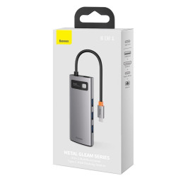 ŠAKOTĖLIS „Baseus Metal Gleam 6in1 USB-C“ - USB-C PD 100W 1x HDMI 4K 30Hz 3x USB-A 3.2 1x RJ45 - pilkas