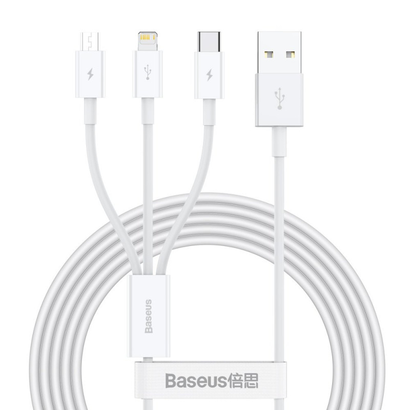„Baseus Superior 3in1“ USB laidas – „Lightning“ / USB C tipo / „Micro USB 3.5 A“ 1,5 m, baltas (CAMLTYS-02)