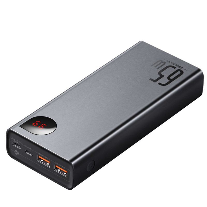 „Baseus Adaman“ nešiojamoji baterija, 2x USB / 1x USB C tipo / 1x micro USB, 20000mAh, 65W, greitas įkrovimas 3.0, juoda...