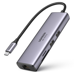 ŠAKOTAS 7in1 Ugreen CM512 USB-C / 2x USB-A 3.2 / HDMI 4K / SD TF skaitytuvas / USB-C PD 100W / RJ45 - pilkas