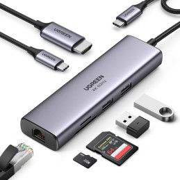 ŠAKOTAS 7in1 Ugreen CM512 USB-C / 2x USB-A 3.2 / HDMI 4K / SD TF skaitytuvas / USB-C PD 100W / RJ45 - pilkas