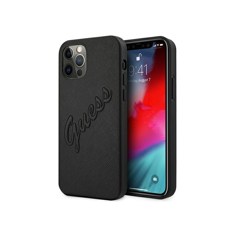 „Guess Saffiano Vintage Script“ dėklas, skirtas „iPhone 12 Pro Max 6.7“ – juodas