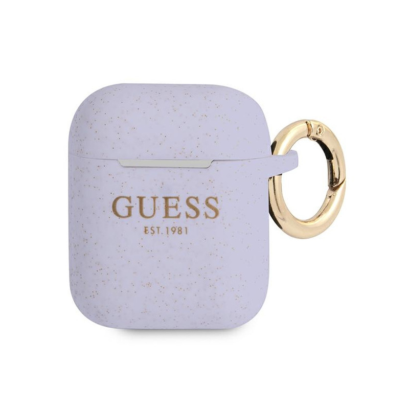 „Guess“ silikoninis blizgučių dėklas „AirPods 1/ 2“ ausinėms – violetinis
