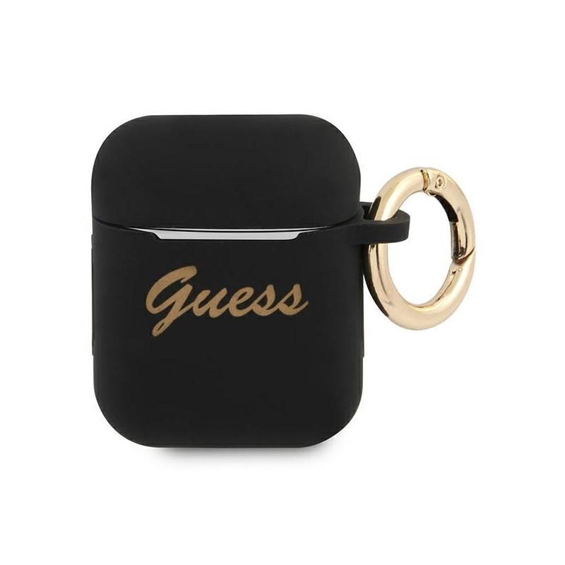 „Guess“ silikoninis „Vintage Script“ dėklas, skirtas „AirPods 1/ 2“ ausinėms – juodas