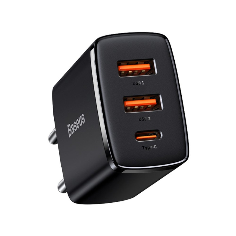 „Baseus“ kompaktiškas greitasis įkroviklis 2x USB / USB C tipo 30W 3A, greitas įkrovimas, juodas (CCXJ-E01)