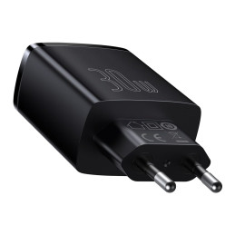 „Baseus“ kompaktiškas greitasis įkroviklis 2x USB / USB C tipo 30W 3A, greitas įkrovimas, juodas (CCXJ-E01)