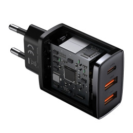 „Baseus“ kompaktiškas greitasis įkroviklis 2x USB / USB C tipo 30W 3A, greitas įkrovimas, juodas (CCXJ-E01)