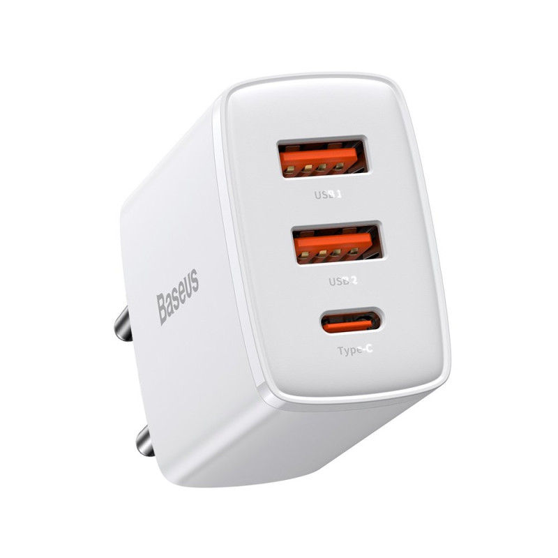 „Baseus“ kompaktiškas greitasis įkroviklis 2x USB / USB C tipo 30W 3A maitinimo šaltinis, greitas įkrovimas, baltas (CCX...