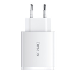 „Baseus“ kompaktiškas greitasis įkroviklis 2x USB / USB C tipo 30W 3A maitinimo šaltinis, greitas įkrovimas, baltas (CCX...