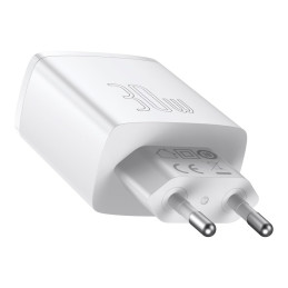 „Baseus“ kompaktiškas greitasis įkroviklis 2x USB / USB C tipo 30W 3A maitinimo šaltinis, greitas įkrovimas, baltas (CCX...