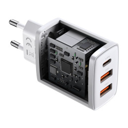 „Baseus“ kompaktiškas greitasis įkroviklis 2x USB / USB C tipo 30W 3A maitinimo šaltinis, greitas įkrovimas, baltas (CCX...