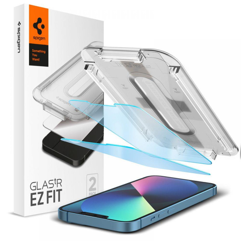 „Spigen Glas.tR EZ Fit“ grūdinto stiklo apsauginis stiklas nuo mėlynos spalvos, skirtas iPhone 13 / 13 Pro / 14 / 16e - ...