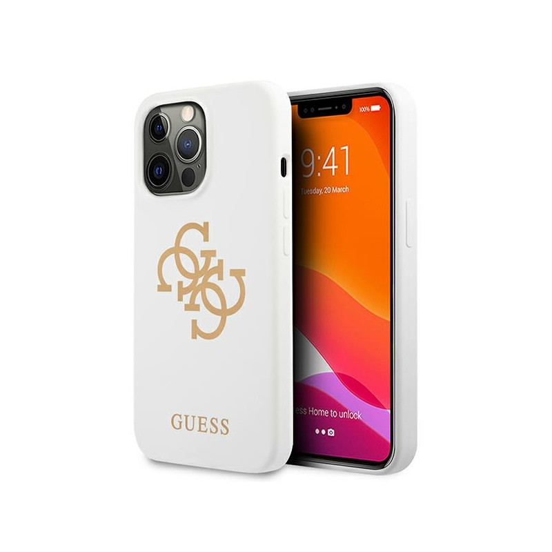 „Guess“ silikoninis 4G logotipo dėklas, skirtas „iPhone 13 Pro / 13“ – baltas