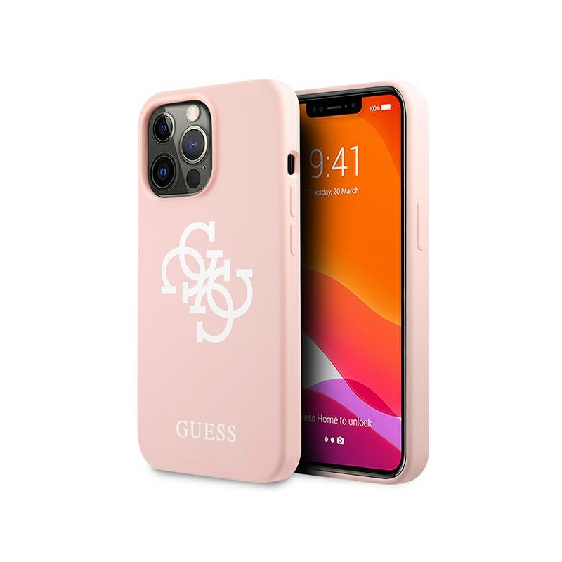 „Guess“ silikoninis 4G logotipo dėklas, skirtas „iPhone 13 Pro“ / „iPhone 13“ – rožinis
