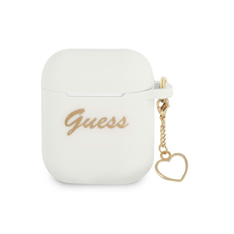 „Guess“ silikoninis „Charm Heart“ kolekcijos dėklas, skirtas „AirPods 1/ 2“ ausinėms – baltas „Guess“ silikoninis „Charm Heart“ kolekcijos dėklas, skirtas „AirPods 1/ 2“ ausinėms – baltas
